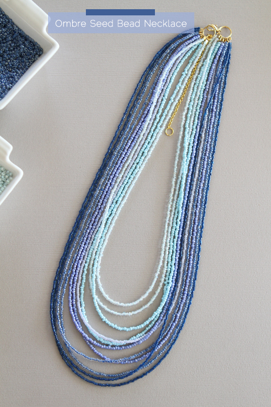 blue ombre multi-strand seed bead necklace with gold clasp howewelive.com