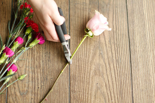 woman using floral clippers to cut stem of a rose