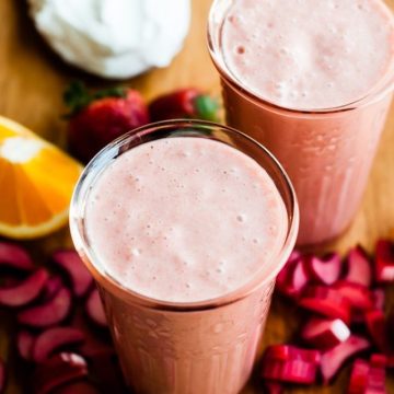 strawberry rhubarb and yogurt smoothie in a clear glass
