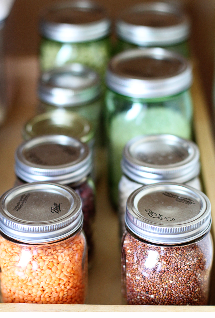 whole grains in mason jars in the pantry