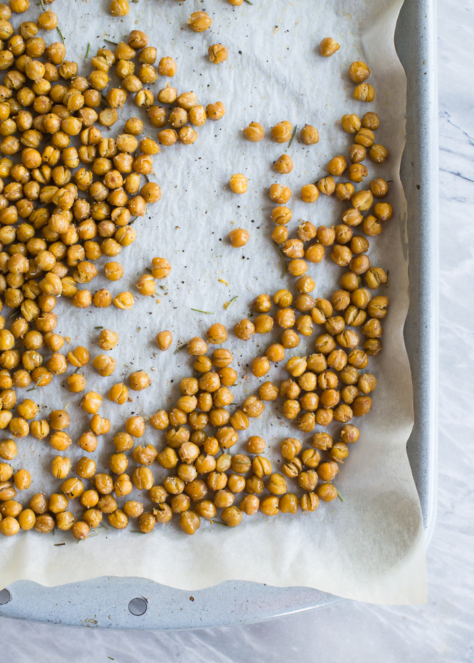 Roasted Chickpea recipe on a parchment lined baking sheet
