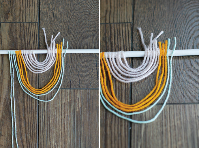 yarn tied up into looped pattern on rod