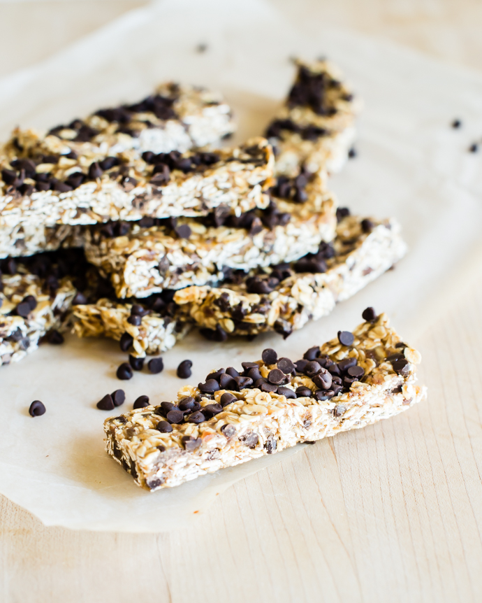 chewy chocolate chip granola bars cut into individual portions