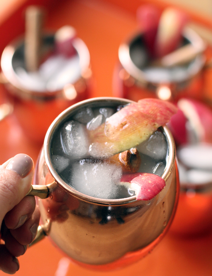 Apple Cider Moscow mule in a copper glass with apple and cinnamon stick garnish