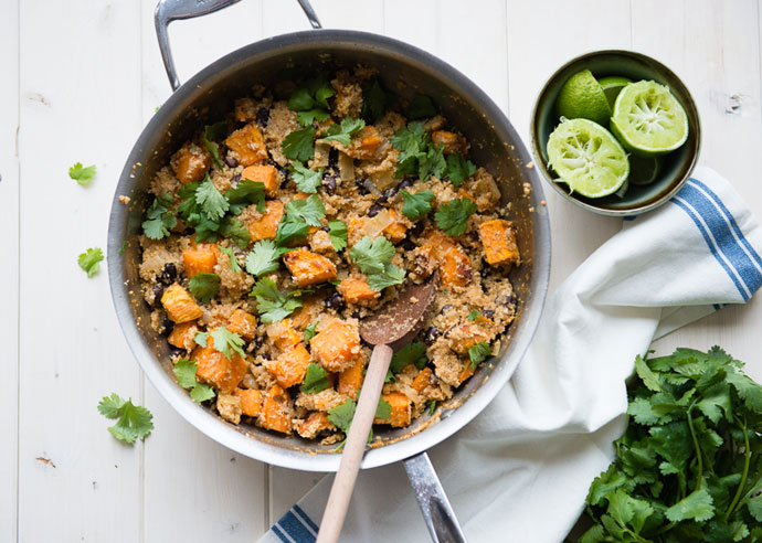 Roasted-Sweet-Potato-Cauliflower-Rice bowls in a skillet