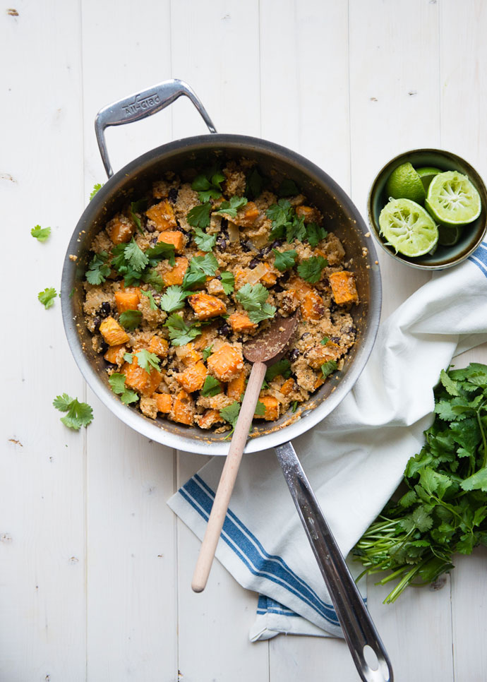 Vegetarian sweet potato bowl in an all clad skillet