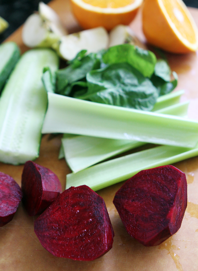 fruits and veggies prepped for veggie juice recipe