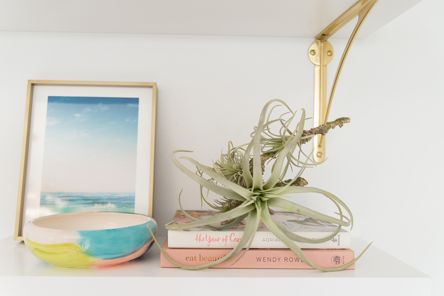 a white shelf with an ocean print in a gold frame, two books with an air cactus sitting on the top