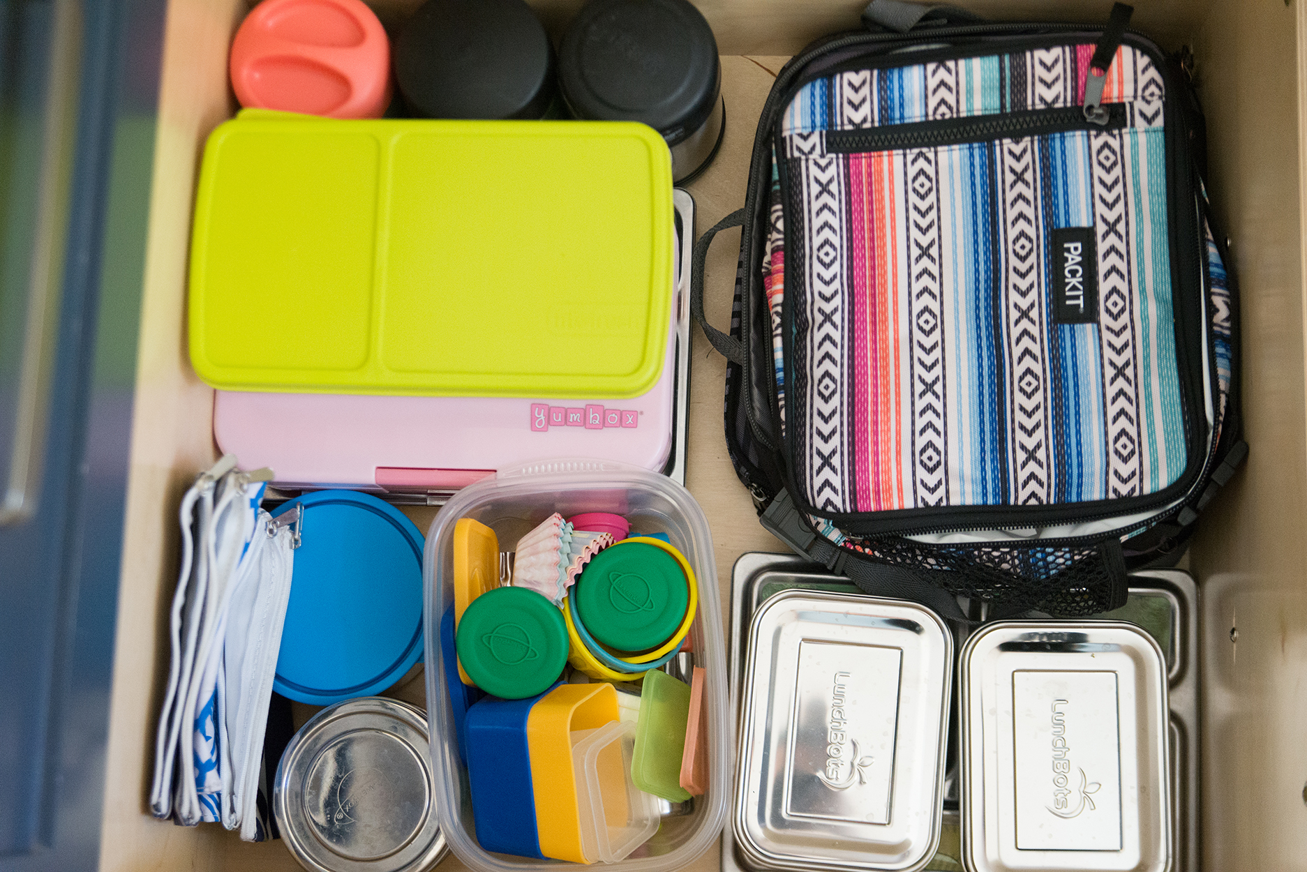 drawer full of lunch supplies and containers