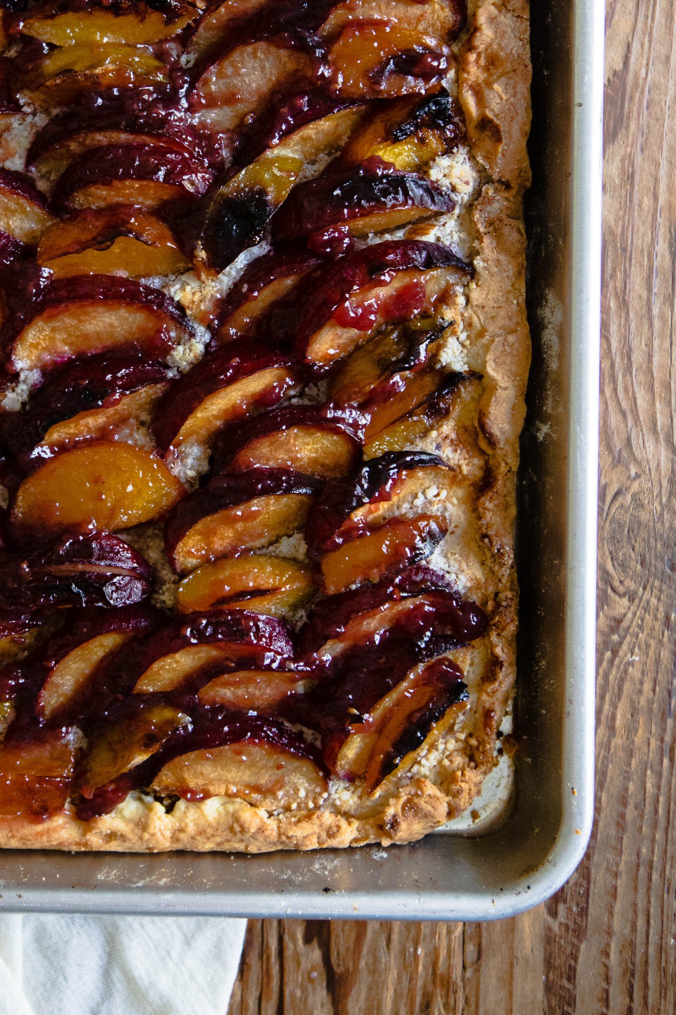 close up of rustic plum tart out of the oven, sitting in a baking pan against a wood backdrop