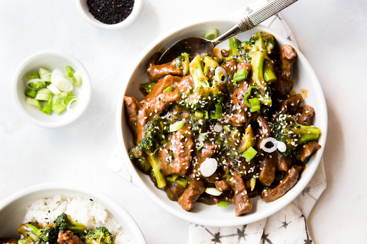 serving bowl full of Instant Pot beef and broccoli