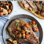 Steak, mushrooms, tomatoes and herbs on a tin plate with a bowl of mushrooms and tomatoes next to it and sliced meat on a cutting board, on top of a white background