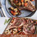 ingredients to make steak on a sheet pan with bone-in ribeye steaks and mushrooms and tomatoes