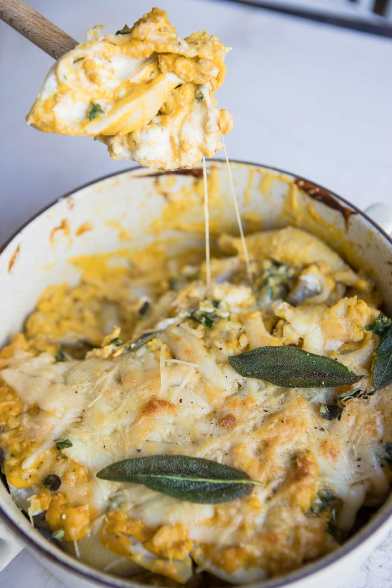 Stuffed pasta shells in a cream colored bowl on a white background