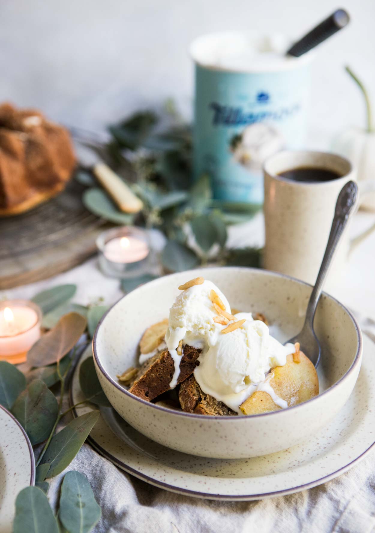 chai bundt cake with Tillamook ice cream on top