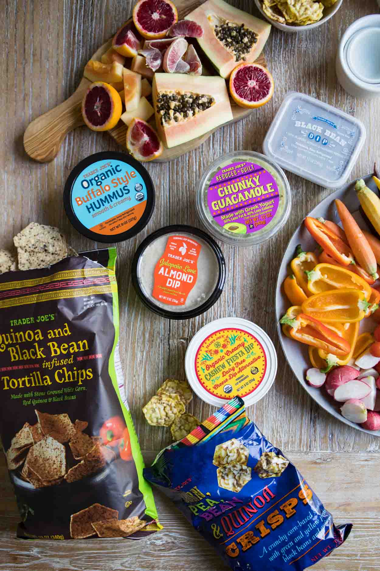 Trader Joe's dips and chips for charcuterie or crudite board