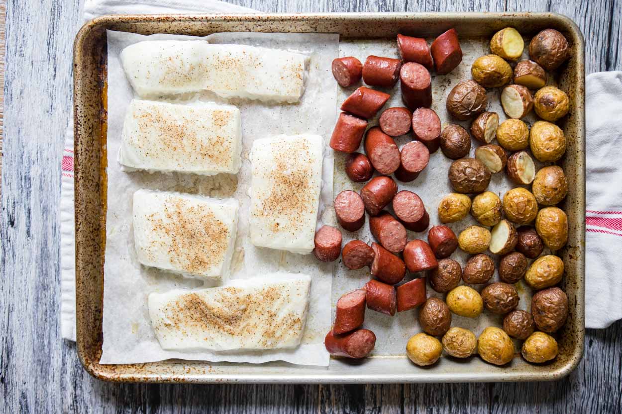 halibut, potatoes and sausage on sheet pan