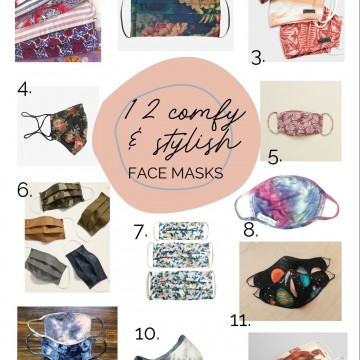 12 unique cloth face masks on a white background