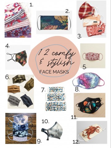 12 unique cloth face masks on a white background