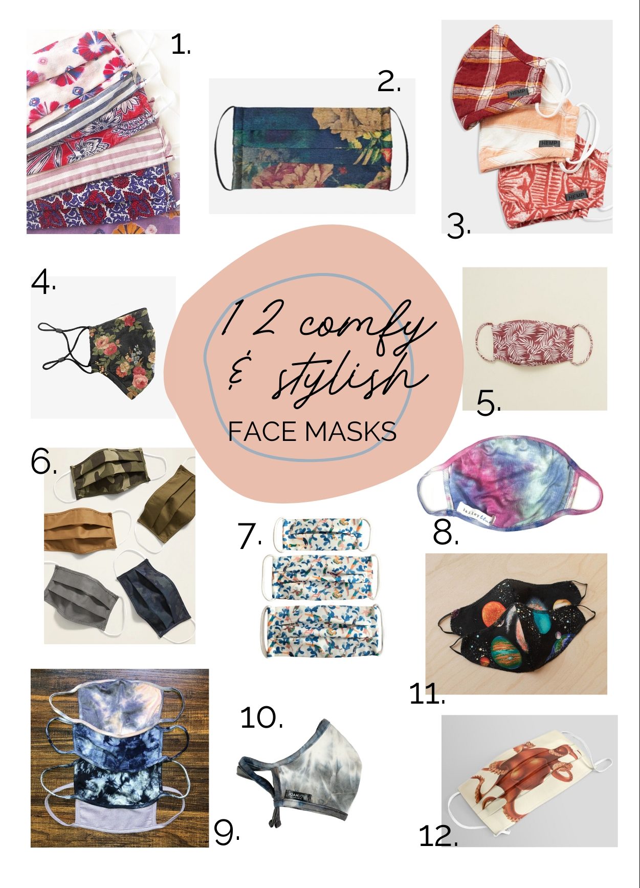 12 unique cloth face masks on a white background