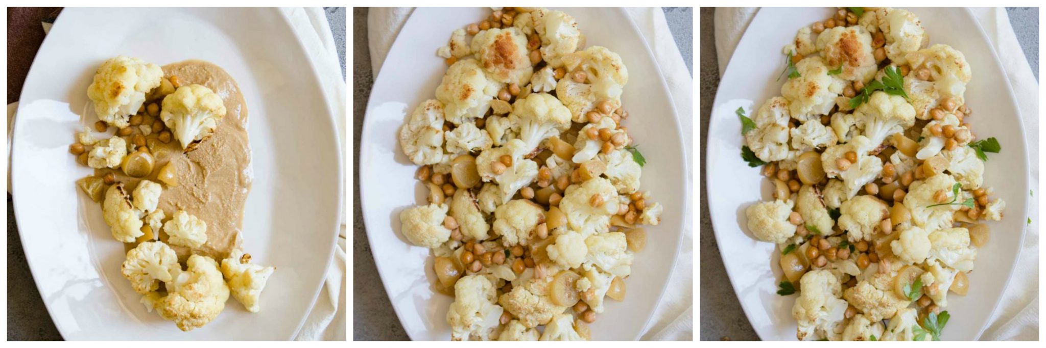 photo collage of cauliflower being arranged on platter