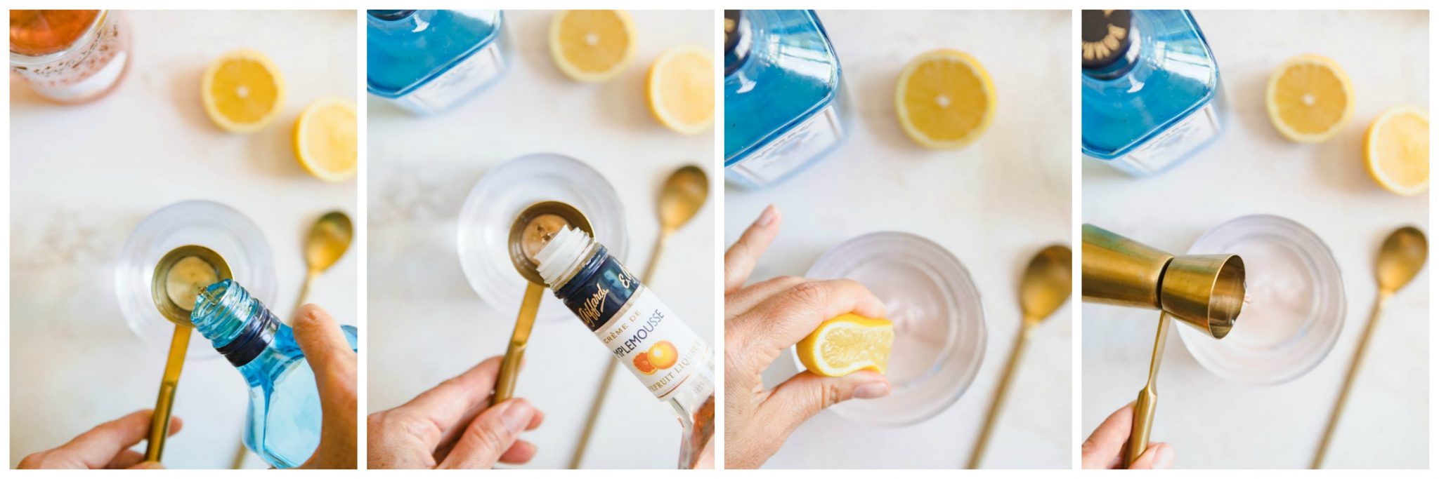 assembling the gin cocktail in a cocktail glass