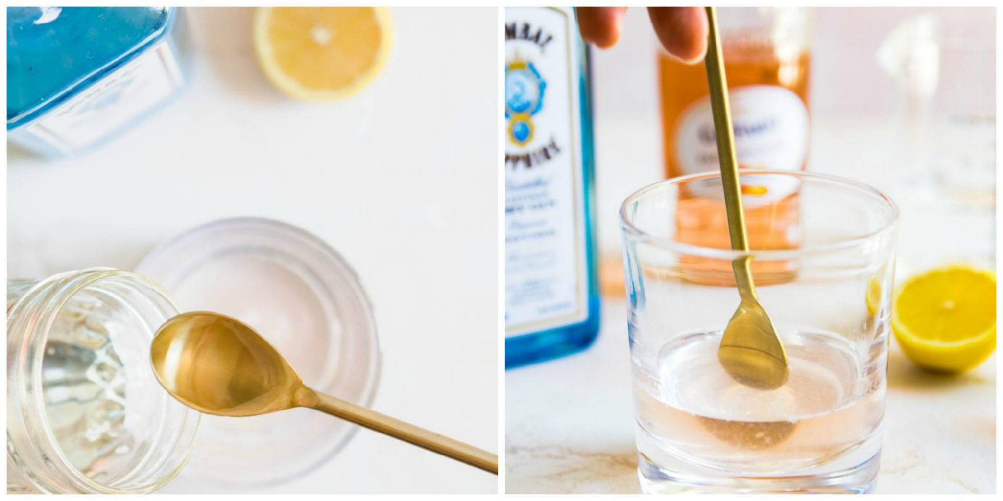 gin cocktail being stirred and poured into glass