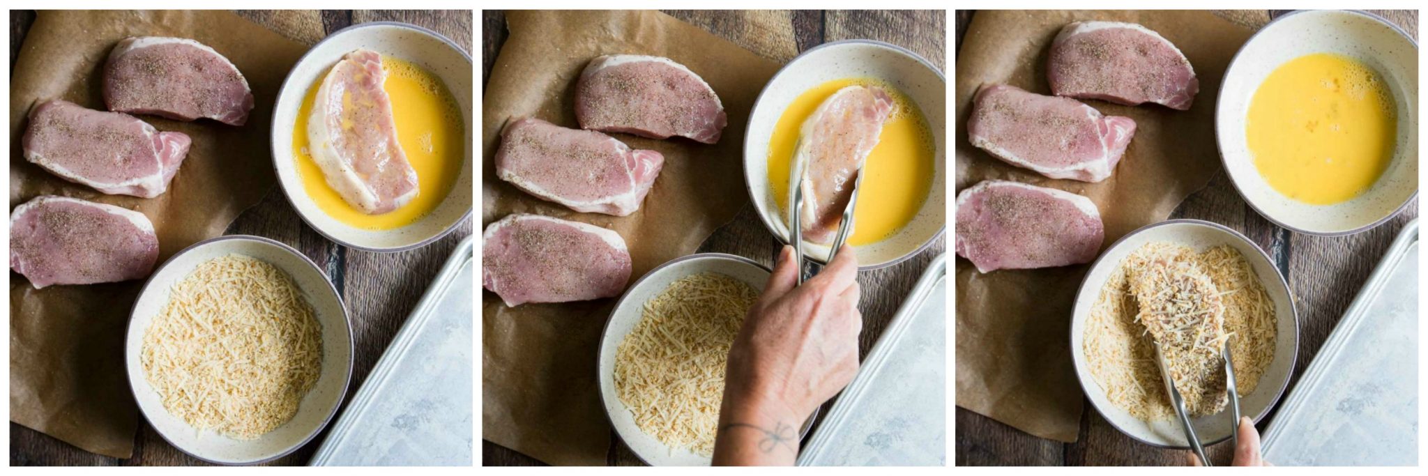 photo collage of a pork chop getting dipped in egg then breadcrumbs