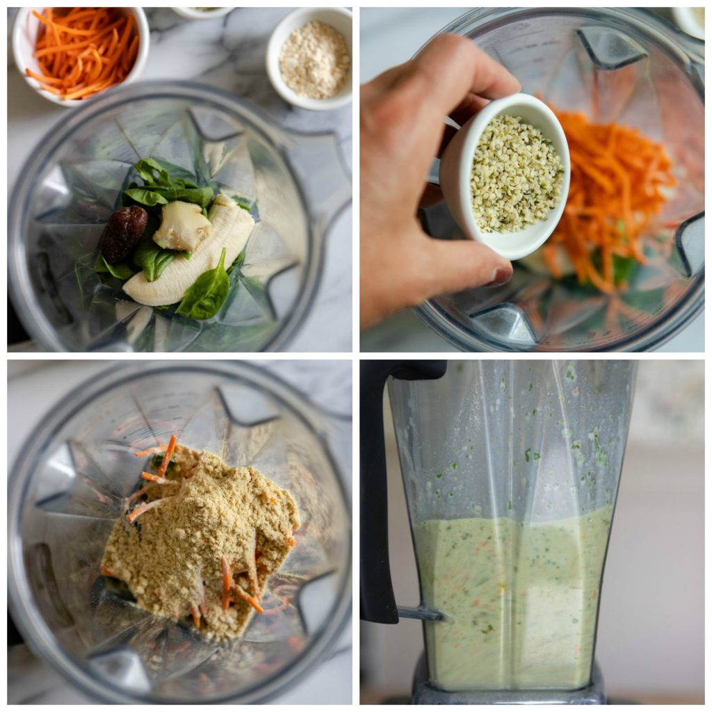 step by step photos of assembling the carrot ginger smoothie in the blender