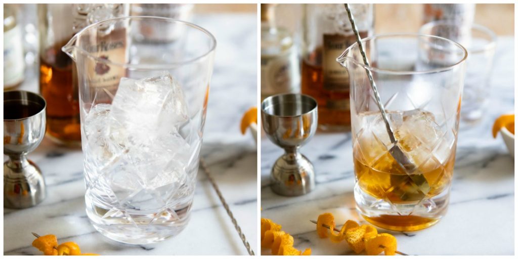 ice in a cocktail shaker and whiskey stirred in