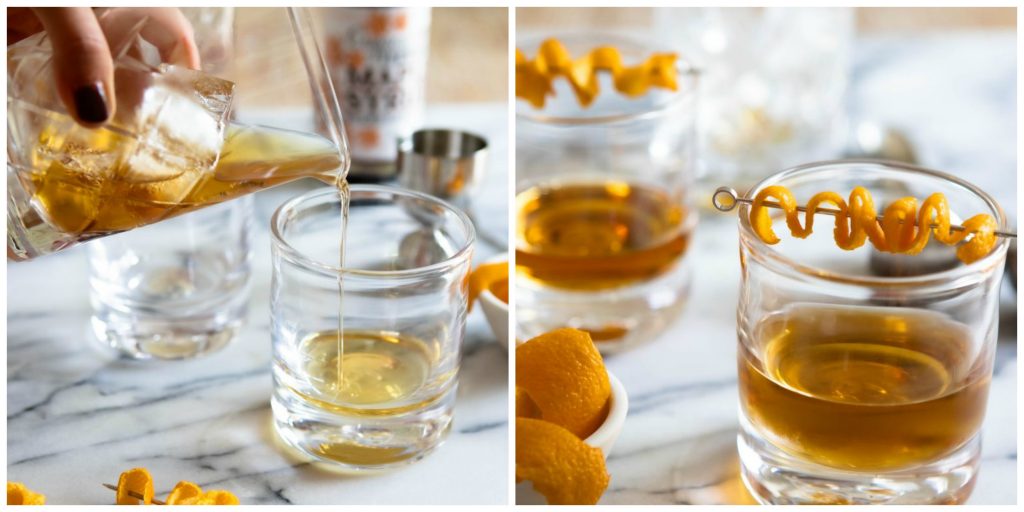 whiskey poured into glass and orange peel garnish added to top