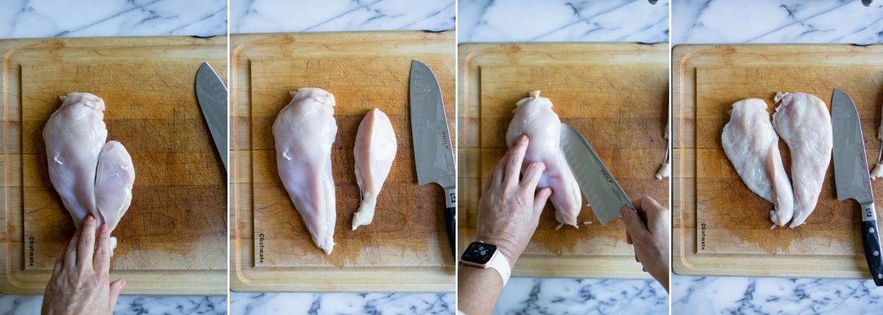 chicken breasts on a wooden cutting board being cut to make chicken cutlets