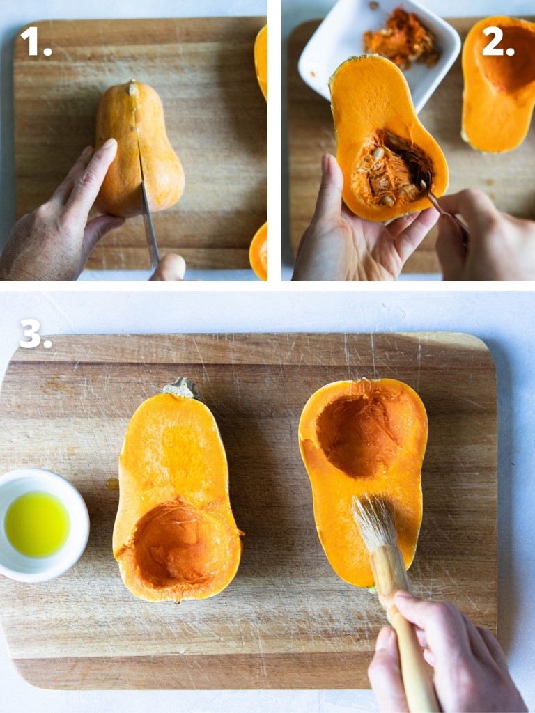 honeynut squash preparations showing a squash being cut into, seeds scooped out and brushed with olive oil