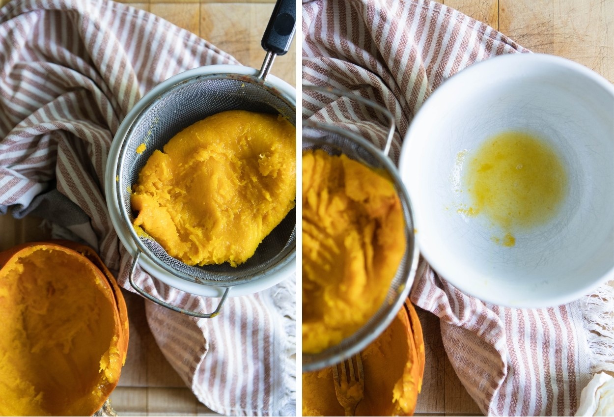 cooked pumpkin sitting in a mesh strainer over a white bowl and a white bowl showing strained pumpkin liquid