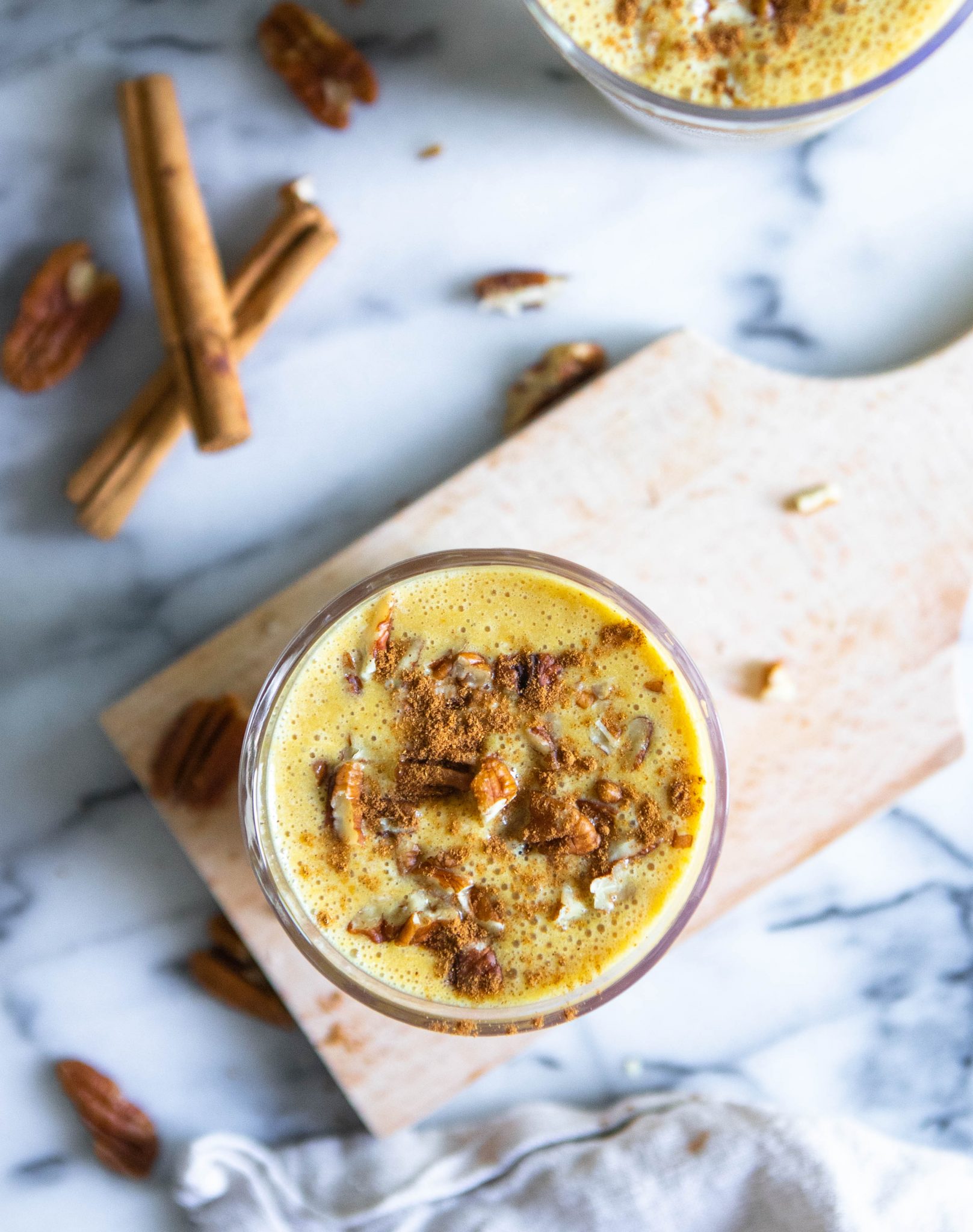 top down view of a pumpkin spice smoothie