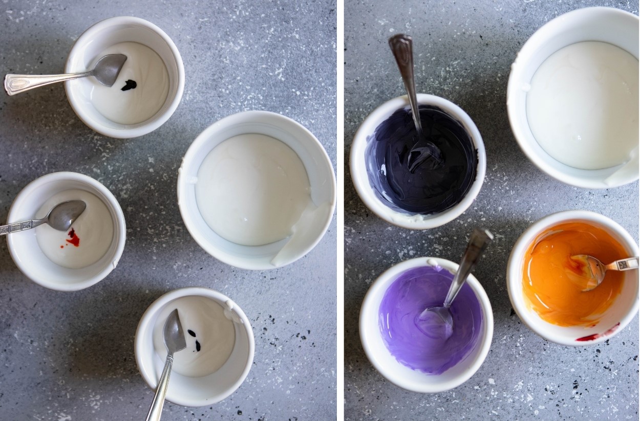 bowls with white royal icing and drops of food coloring to make colored royal icing