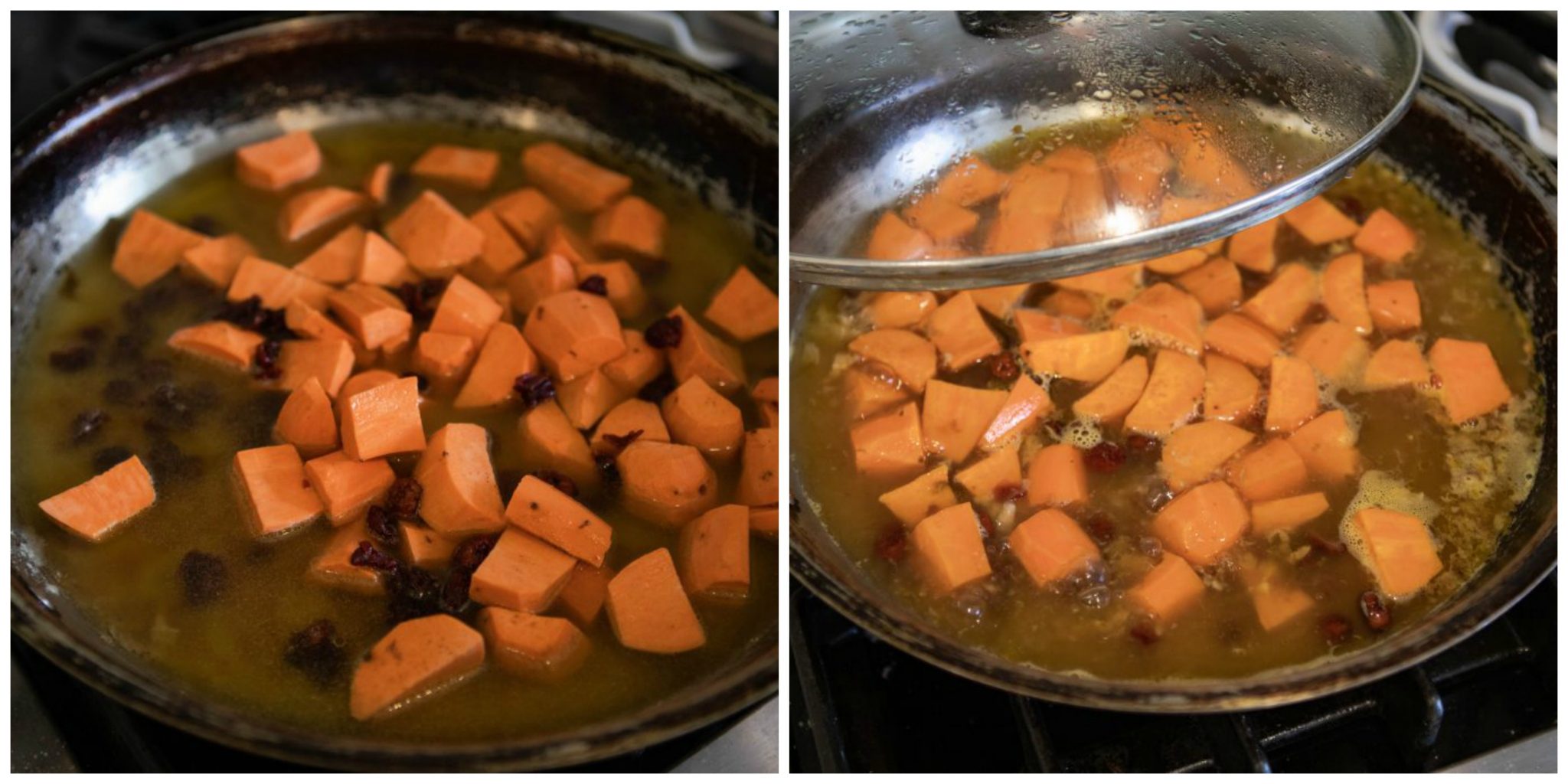 sweet potatoes and dried cranberries being cooked in chicken broth