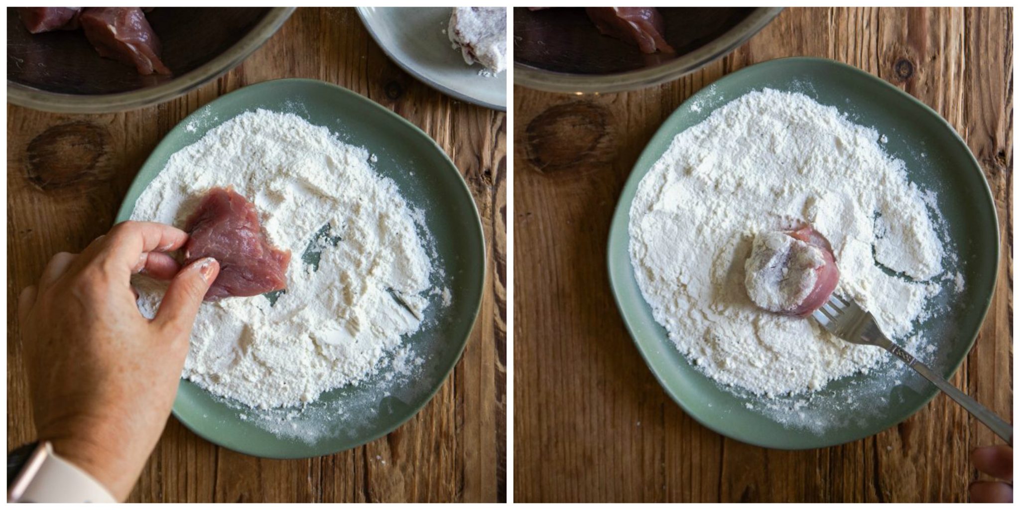 pork medallions being dipped in flour