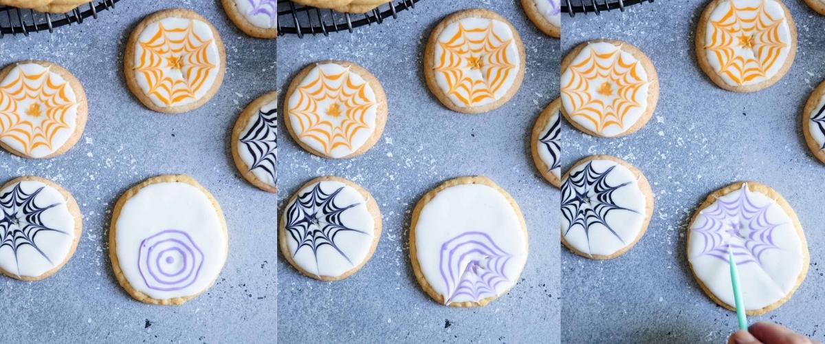 making spider web halloween sugar cookies