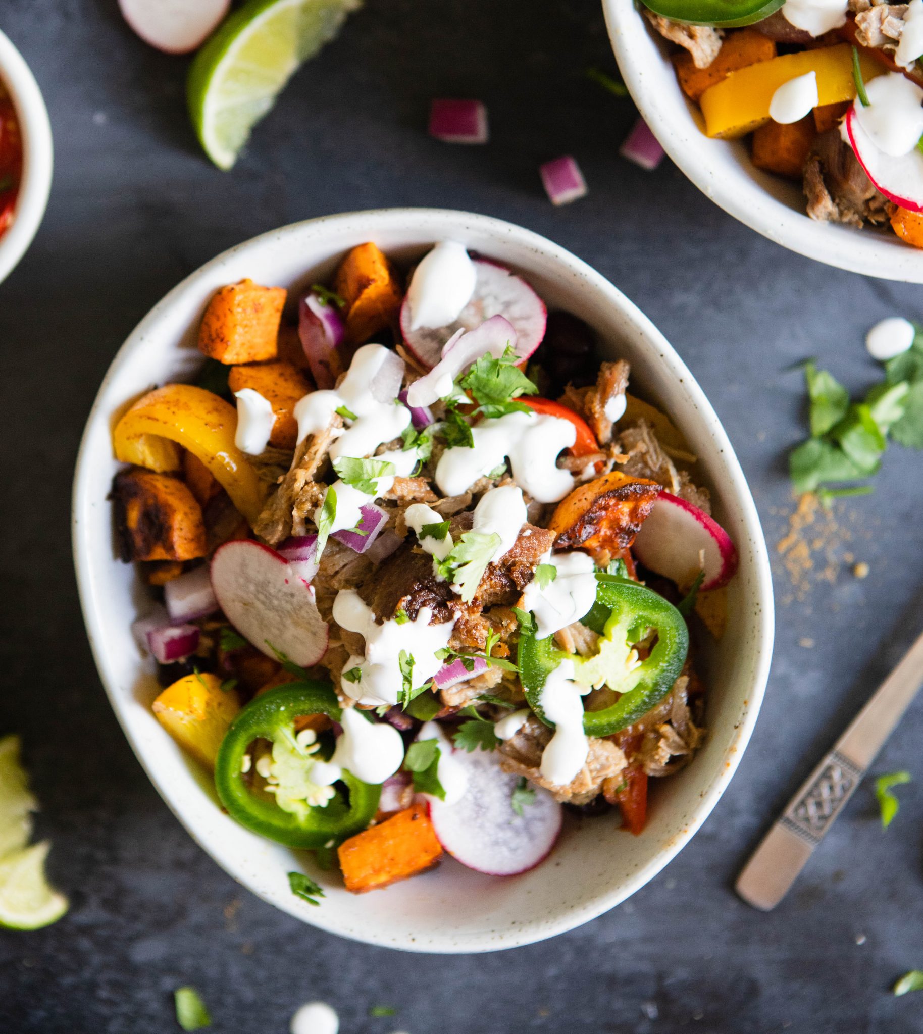 white bowl filled with carnitas, beans and garnishes