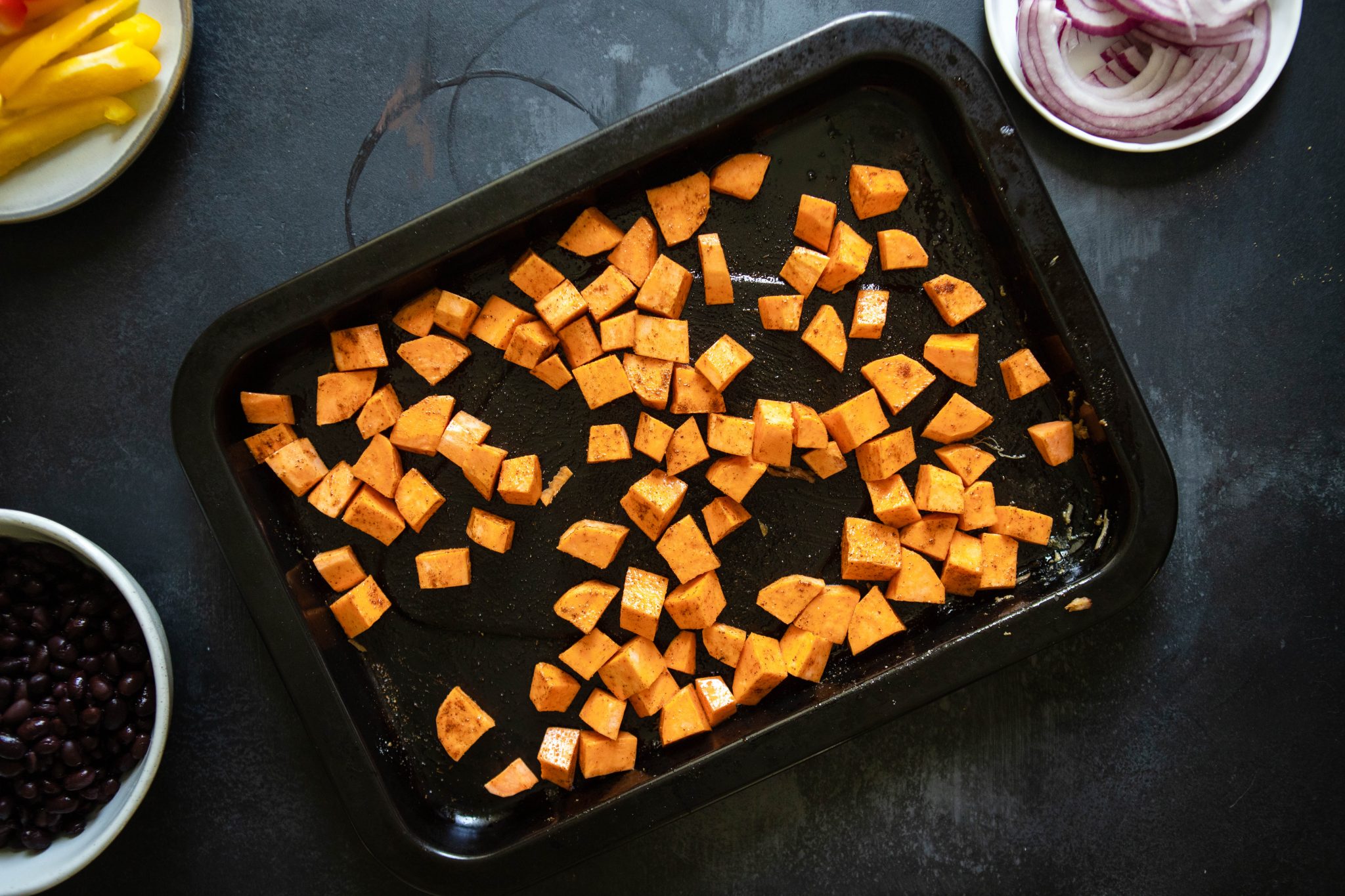 roasted sweet potatoes on a baking sheet