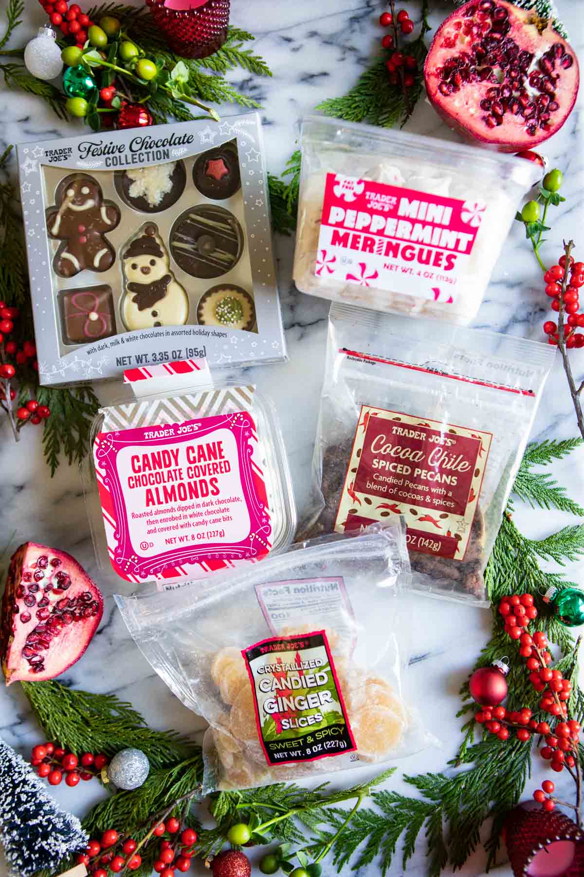 holiday inspired sweet treats from Trader Joe's on a marble board