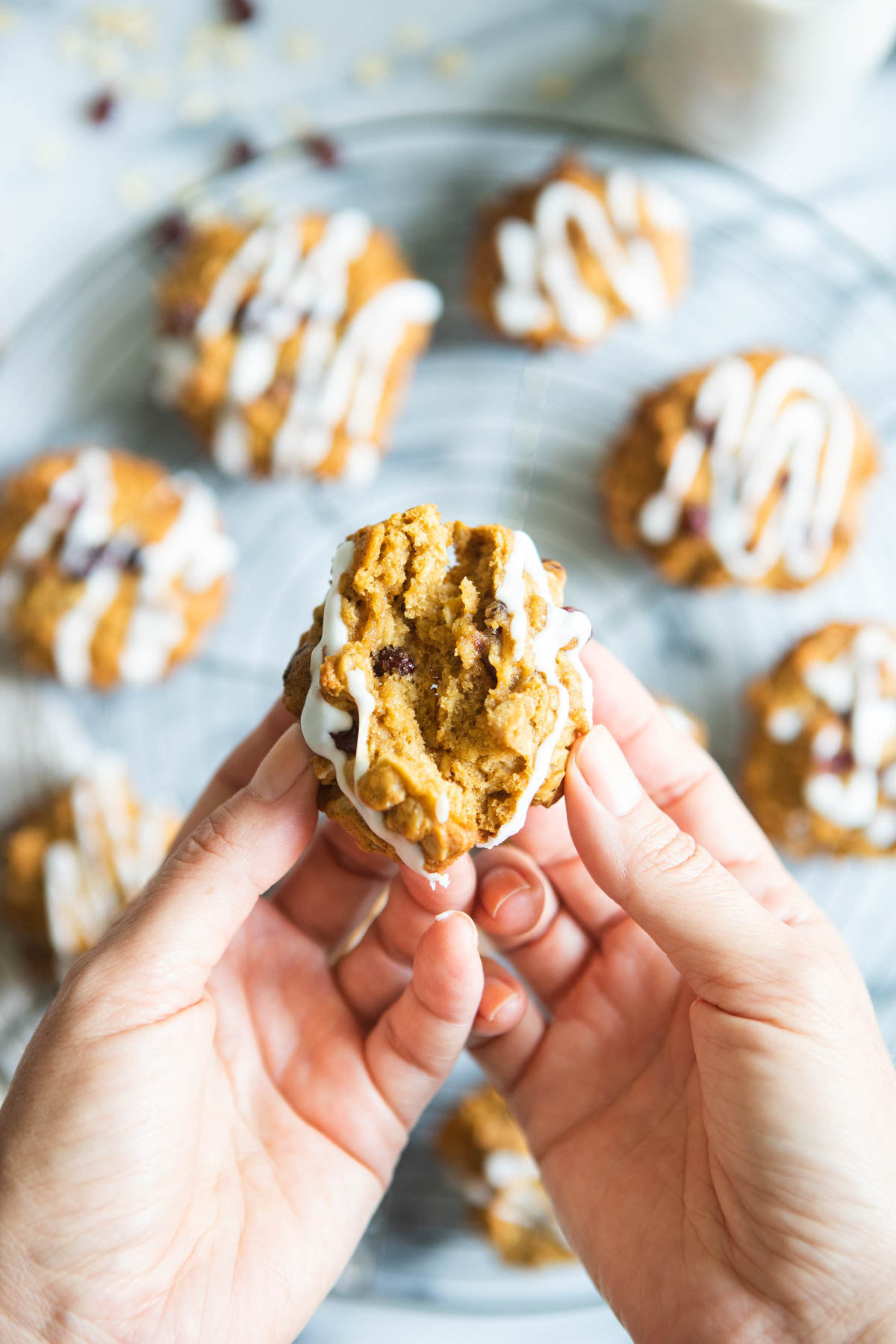 oatmeal craisin cookie fresh out of the oven broken apart to reveal center