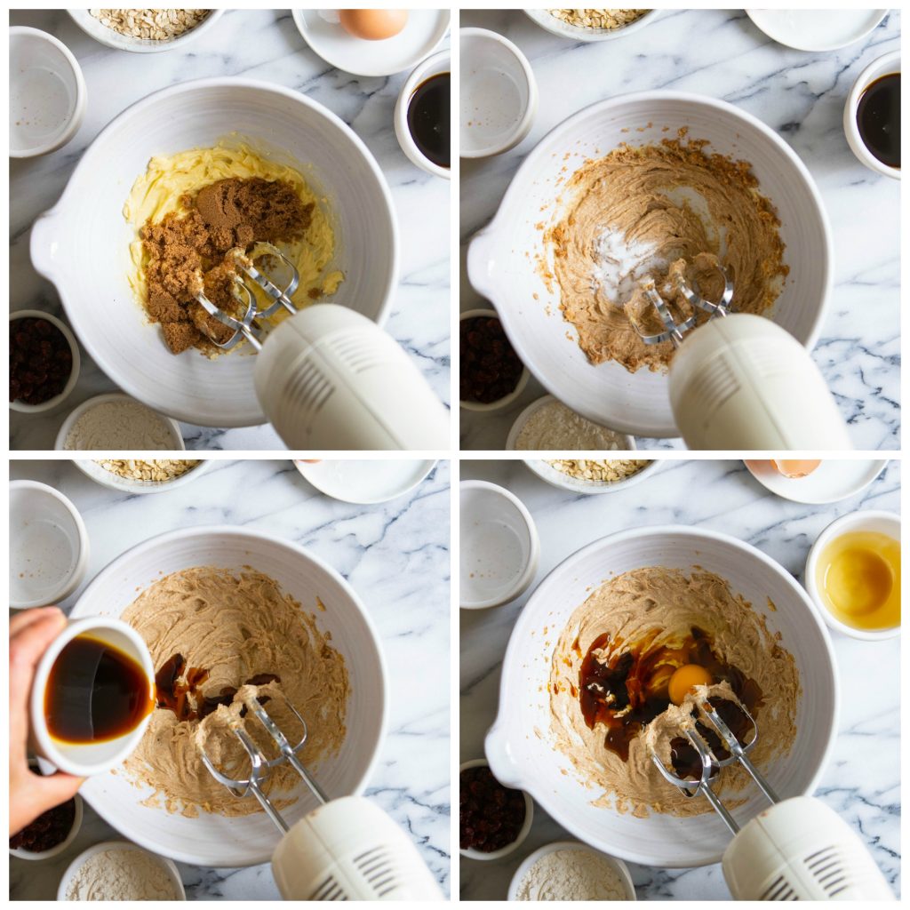 four photo collage of butter, sugar, and wet ingredients being mixed together
