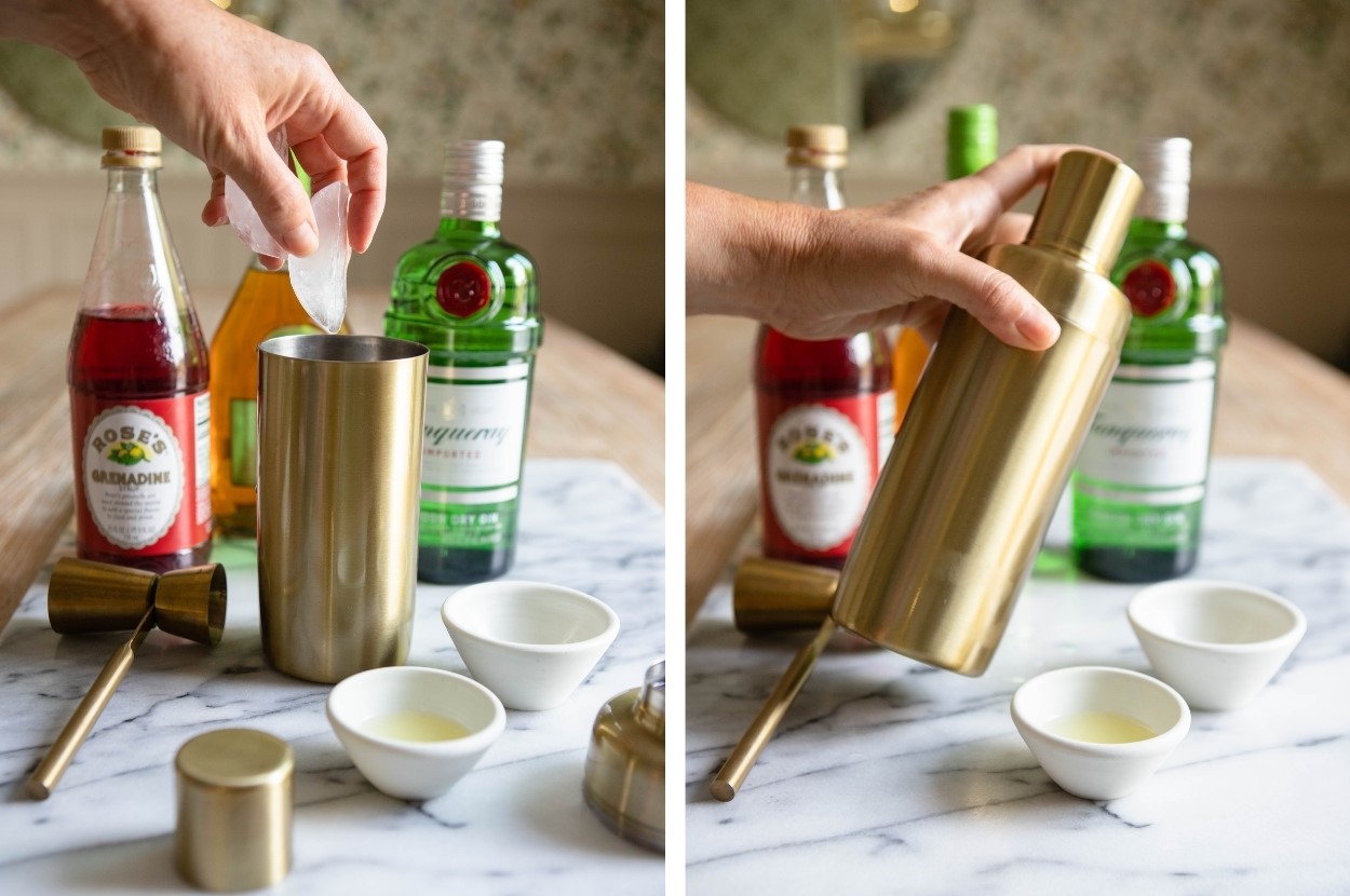 Collage of a woman adding ice to a gold cocktail shaker then shaking it to make a pink lady cocktail