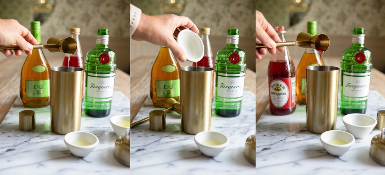 collage of ingredients being poured into a gold cocktail shaker 