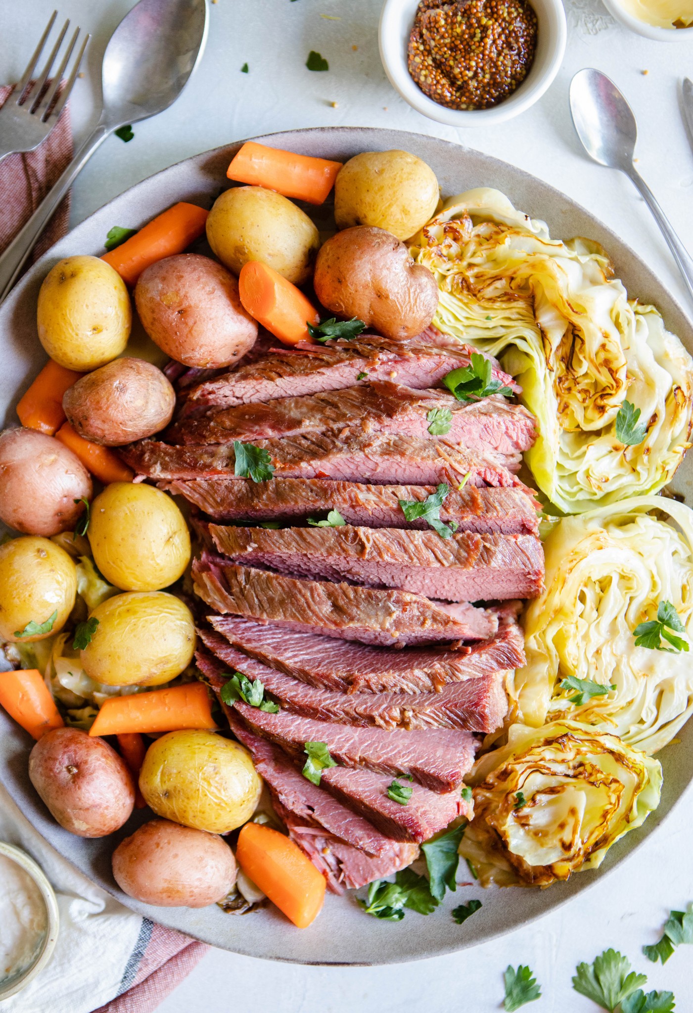 beef brisket sliced with potatoes and cabbage