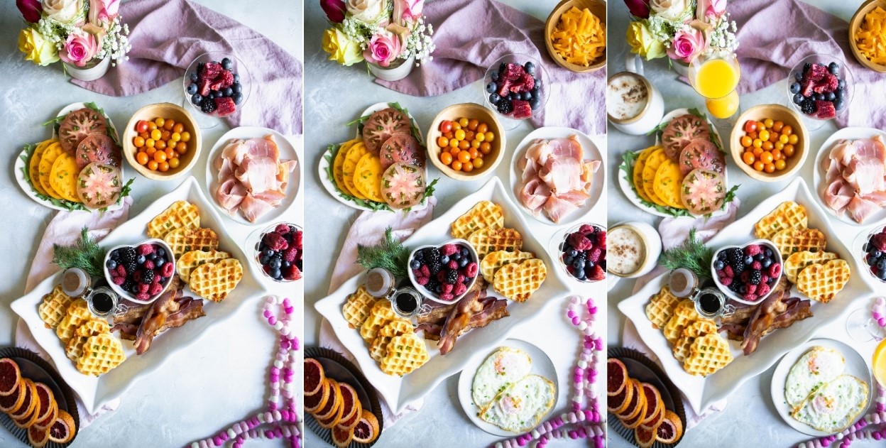 Valentine's Day breakfast ideas filled with waffles, fresh fruits and bacon