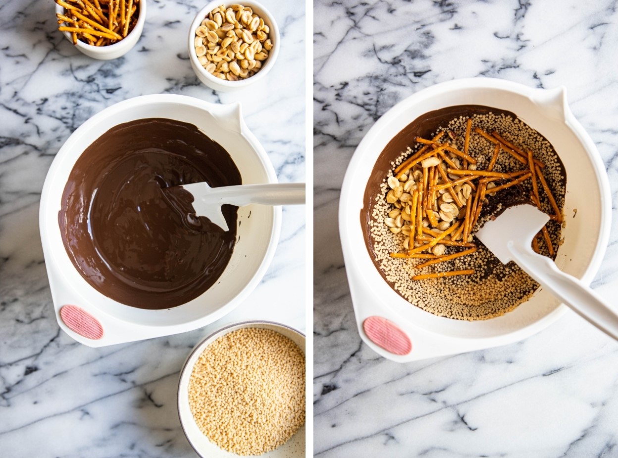 dark chocolate chips melted in a white bowl and a mixing bowl filled with melted chocolate and pretzels