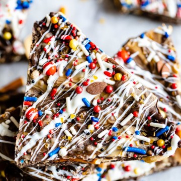 dark chocolate bark with peanut butter and football themed sprinkles
